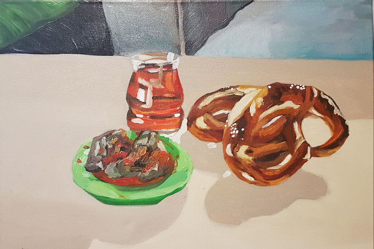 خبز البريتزل الألماني والمكدوس السوري في لوحة للفنان كيفان الكرجوسلي